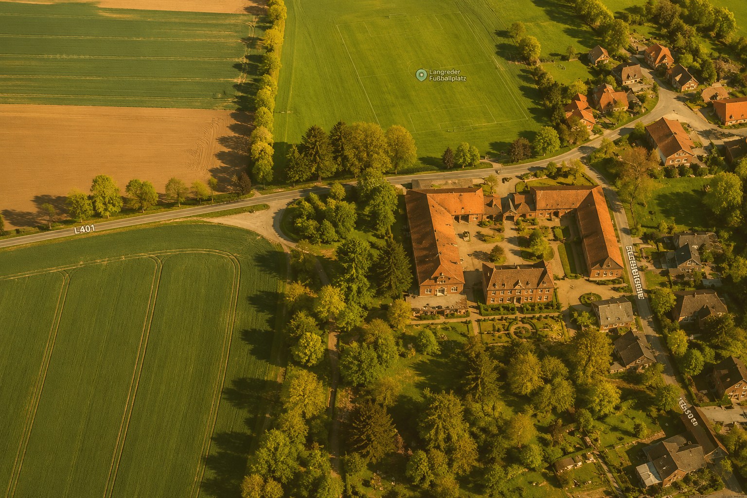 Luftbild des historischen Ritterguts Langreder mit angrenzenden Feldern und dem geplanten Wohnquartier in warmer Abendstimmung